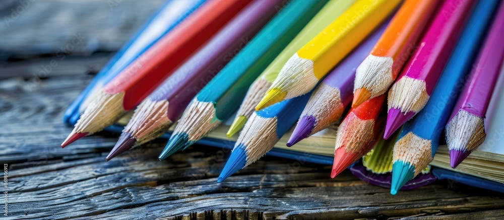 Poster Top-down view of a variety of colored pencils placed on a book with a school theme. Ample space available for additional content in the image.