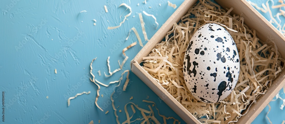 Poster easter egg painted abstractly in black and white, nestled in a box with wooden shavings on a blue ba
