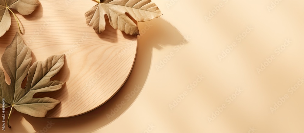 Poster Top-down view of a wooden podium with leaf shadows on a beige backdrop, ideal for product showcasing in a flat lay style, suitable for banners with copy space image.