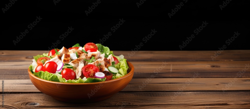 Aufkleber Chicken salad with vegetables and tomatoes on a wooden surface with blank space for text, often referred to as a copy space image.