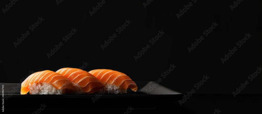 Poster Salmon temaki sushi displayed on a black plate against a black background, with empty space for additional elements (copy space image).