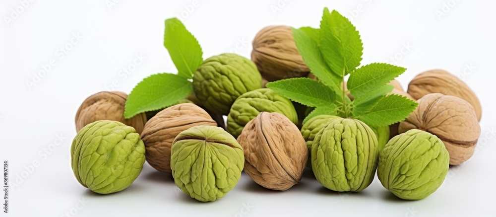 Aufkleber a detailed image showcases green immature walnuts with a blank space for adding text or graphics.