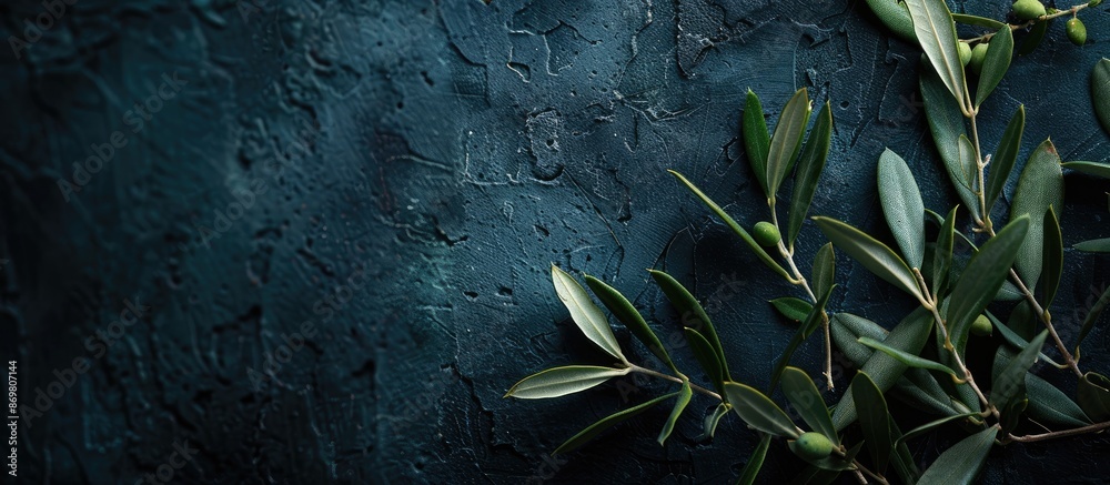 Aufkleber close-up olive branch with copy space image on a dark backdrop.