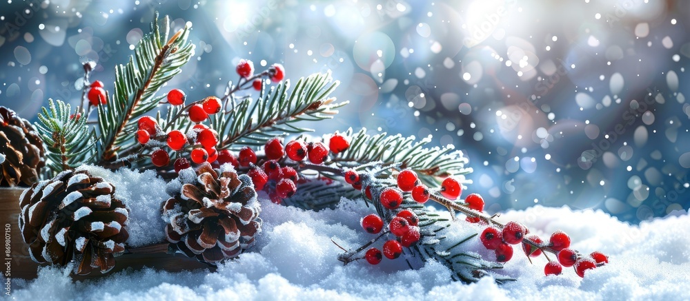 Poster snowy christmas box with rowan berries and pine cones, perfect for a festive copy space image.
