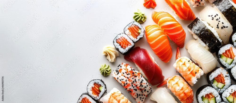 Poster sushi set featuring sashimi and sushi rolls with copy space image on a white backdrop.