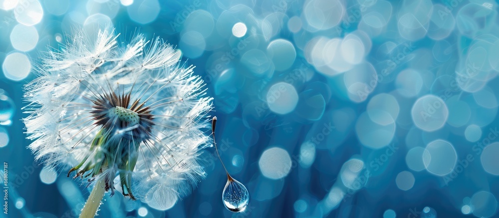 Poster Soft focus fluffy dandelion seed with dew drop over blue backdrop, creating a serene copy space image.