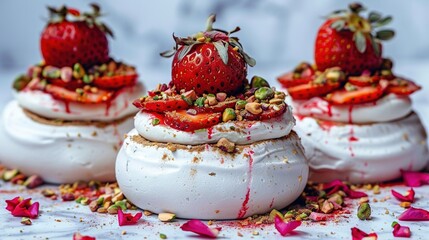 Obraz premium A close-up of three desserts, each with strawberries on top, are covered in white frosting and sprinkles