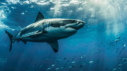 Fototapeta premium Majestic great white shark in sunlight beams. A great white shark swims gracefully through sunlit water, showcasing its power and beauty in the wild.