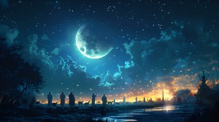 Naklejka premium A serene night with a bright moon, silhouetted people and animals, trees, and stars reflected in calm water.