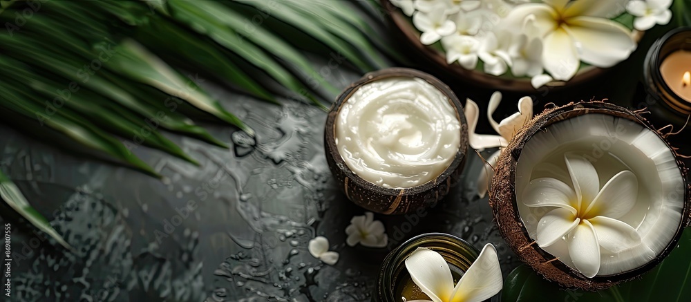 Poster coconut oil and cream with exotic foliage and blossoms create a serene natural spa setting in a copy