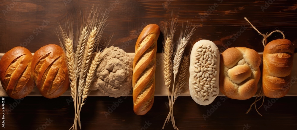 Aufkleber aerial perspective of assorted bread loaves and wheat ears with space for text or images.