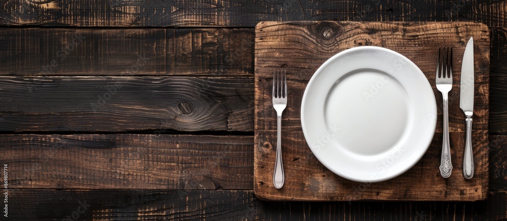 Wall mural Top view of an old wooden board with a white plate, fork, and knife on a dark background providing copy space image.