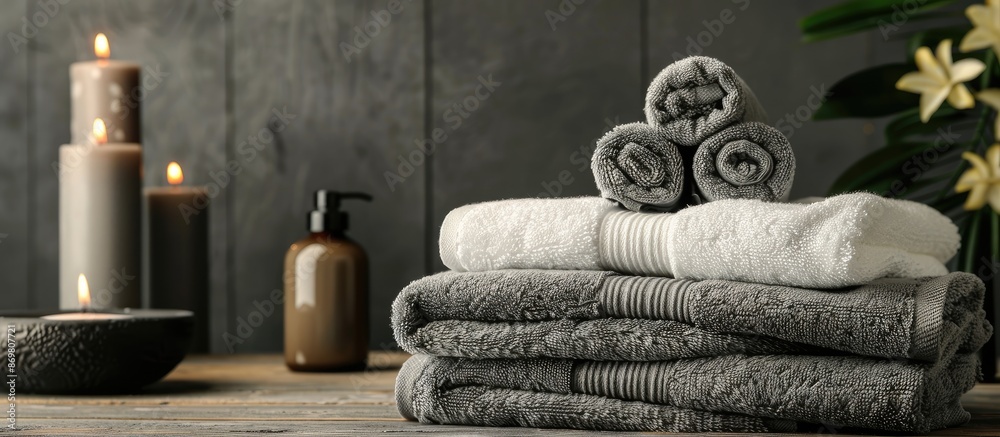 Poster Neatly arranged towels prepared for the spa with copy space image.