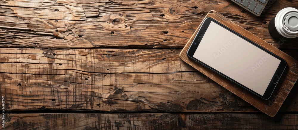 Aufkleber Wooden table background with a notebook keyboard and smartphone displaying a blank screen, ideal for a copy space image.