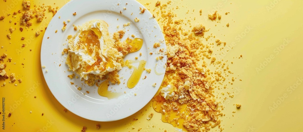 Poster a dirty plate with honey and pie crumbs, set against a yellow backdrop, is shown in the copy space i