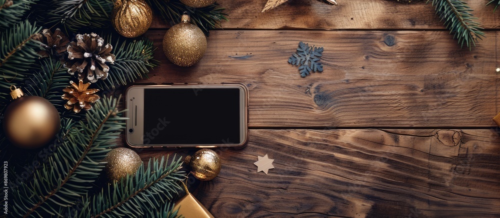 Poster new year decoration with a smartphone placed on a wooden table with a generic copy space image.