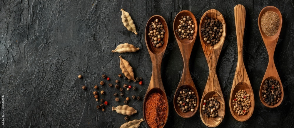 Poster Top view of wooden spoons filled with dry spices on a black background with room for a copy space image.