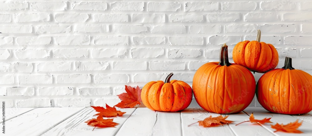 Poster pumpkins with a white brick wall as a backdrop creating a copy space image.