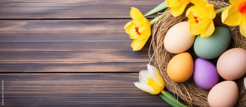 Poster close-up of a vibrant easter display: colorful eggs in a large nest, bright daffodils, and an empty 