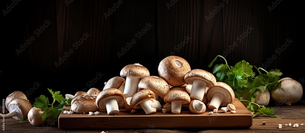 Poster rustic-style setup featuring fresh champignon mushrooms on a wooden board against a black background