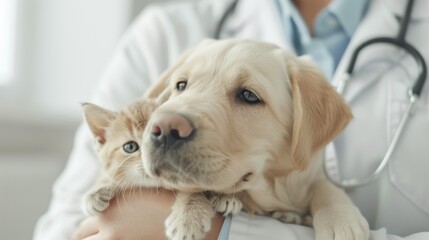 Dedicated vet with a joyful puppy and kitten, close-up image, veterinary clinic background showcasing a caring environment