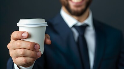 Maqueta de un empresario disfrutando de un vaso de café de papel. 