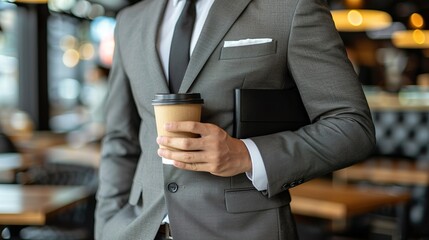 Maqueta de un empresario disfrutando de un vaso de café de papel. 
