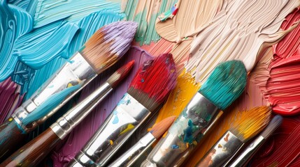 Obraz premium Closeup of colorful paints and well-used brushes, background softly blurred to highlight the organized chaos of a painter's workshop, full of potential and creativity