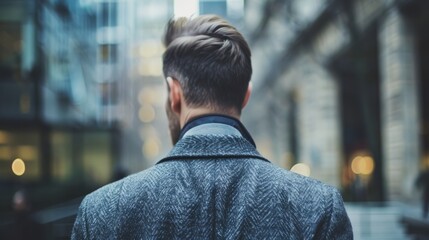 Man in city, back view, urban lifestyle. A stylish man with an undercut hairstyle walks away from the camera on a city street, showcasing a trendy urban lifestyle.
