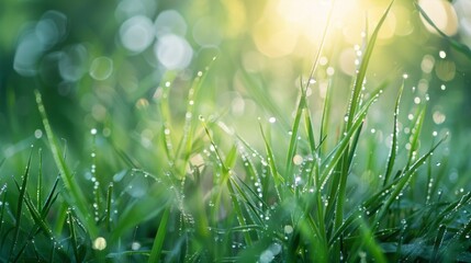 Dewdrops on lush green grass in morning sunlight. Vibrant green grass with sparkling dewdrops illuminated by golden morning sunlight, creating a refreshing and serene nature scene.