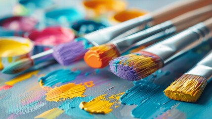 Fototapeta premium Closeup of vibrant paints and brushes on a cluttered artist's table, blurred background reveals the creative chaos of a painter's workshop, ready for artistic expression