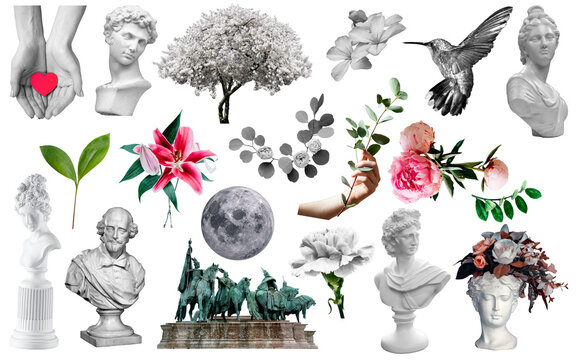 Recorte, retr&ocirc;, vintage, est&aacute;tua, flor, natureza, grego, lua, est&aacute;tua grega, beija- flor, ave, p&aacute;ssaro, &aacute;rvore, buquet, folha, preto e branco,  m&atilde;os com cora&ccedil;&atilde;o, m&atilde;os, colagem