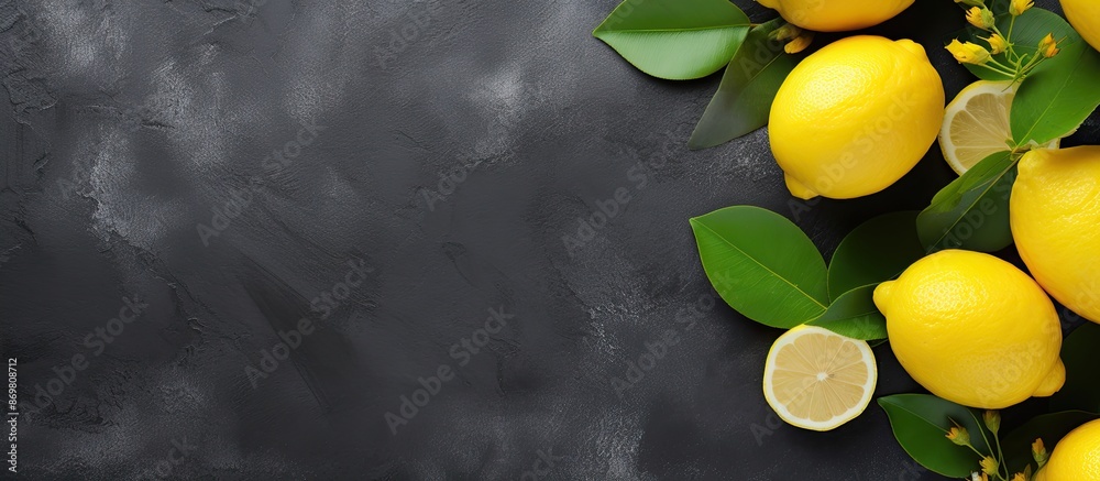 Aufkleber Top view of fresh lemons placed on a grey background with ample copy space image available.