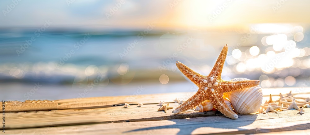 Fototapete starfish and shell on the light deck with copy space image.