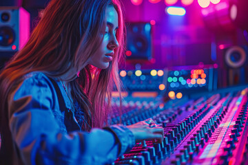 Talented Female Audio Engineer Crafting Innovative Sounds in Recording Studio Utilizing Mixing Board and Software to Produce Fresh Music Creative Artist Musician at Control Desk Creating New Song