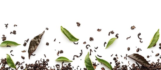 A candy frame featuring dried tea leaves on a white background seen from above, providing a space for your messages in the image.