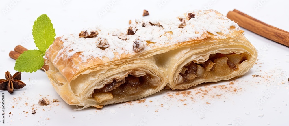 Poster Apple strudel with puff pastry, cinnamon, and raisins on a white backdrop for copy space image.