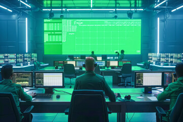 High-Tech Mission Control Center with Engineers and Flight Director Working on Computers in Big Green Screen Mock Up Room