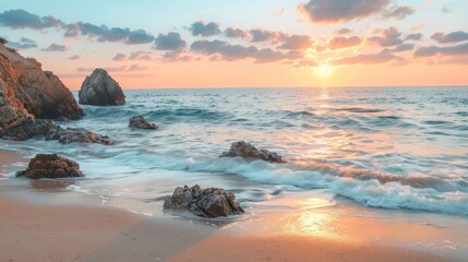 Golden sunset over a rocky beach. Tranquil ocean scene with waves crashing on a sandy beach at sunset, featuring golden light and rocky cliffs, ideal for travel and nature themes.