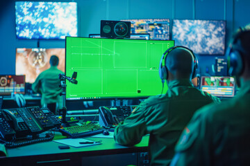 High-Tech Mission Control Room with Engineers and Flight Director Working on Computers in Green Screen Mock Up