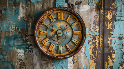 Fototapeta premium Vintage-inspired wall clock with distressed paint and weathered finish 