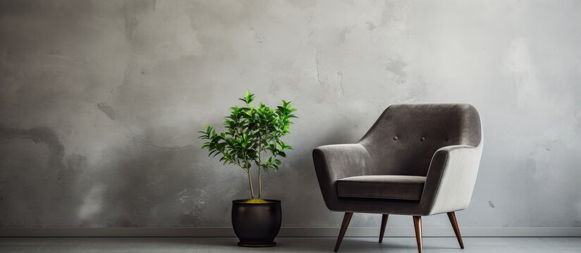 Real photo of a velvet armchair by a small table with a potted plant, against a concrete wall with available copy space image.