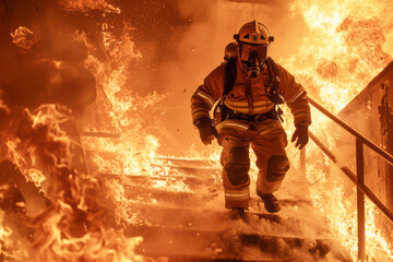 Fearless Firefighter Ascends Burning Building Flames Engulfing Every Corner