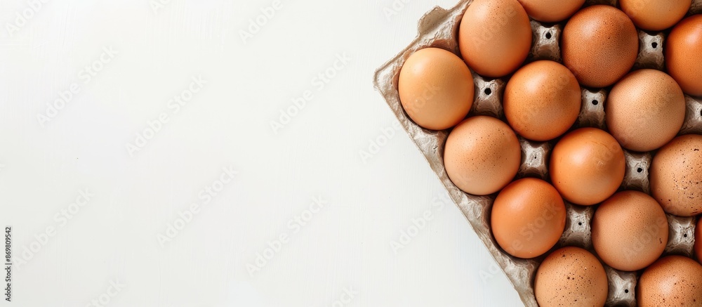 Poster Top-down view of a box containing fresh chicken eggs on a plain white backdrop, with ample space provided for text in the image.