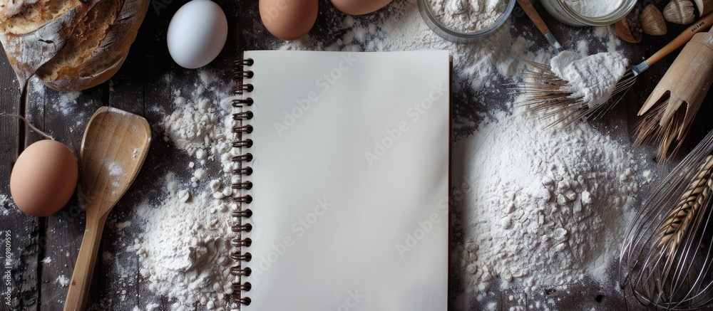 Poster On the table, there is a notebook and wooden spoon arranged with flour, ideal for a homemade bread setup, with room for additional images within the frame.