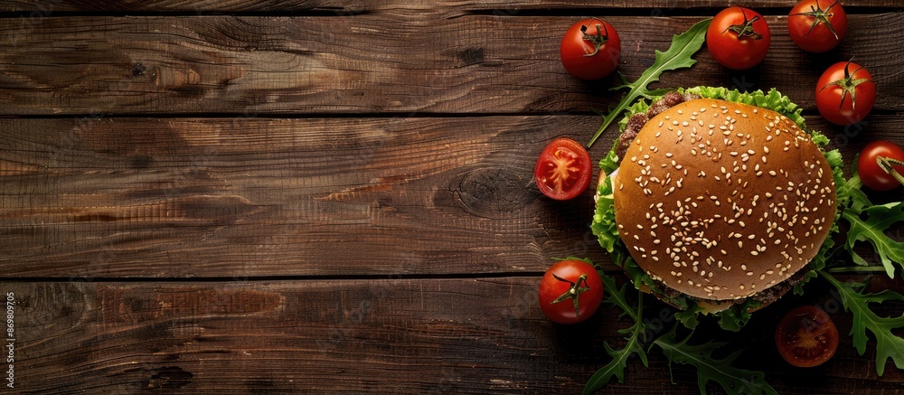 Poster a hamburger with chicken, tomatoes, and green salad is placed on a wooden table in the copy space im
