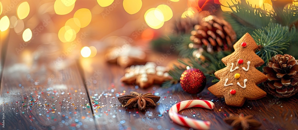 Poster christmas gingerbread cookies with decorations like fir tree, pine cone, and candy cane on a wooden 
