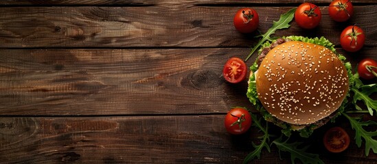 A hamburger with chicken, tomatoes, and green salad is placed on a wooden table in the copy space image.