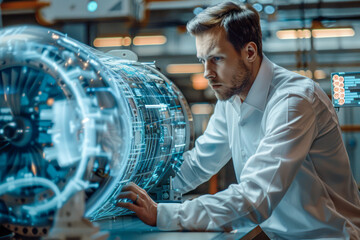 Skilled Engineer Enhancing Jet Engine with Augmented Reality in Technological Development Facility at Plane Assembly Plant