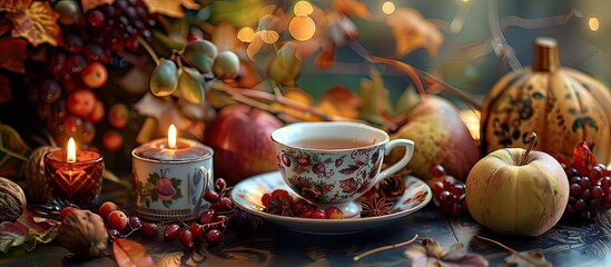 Fototapeta premium Autumn evening ambiance with a cup of tea, candle, and autumn fruits elegantly arranged on a table in a high-resolution photo with copy space image.